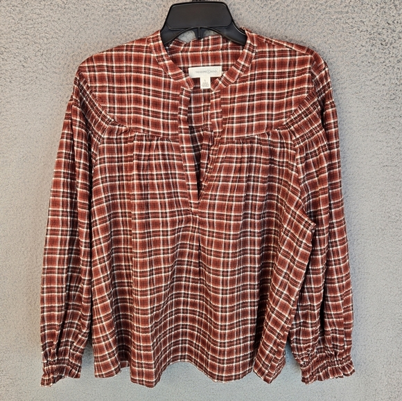 Tresure & Bond Womens Pull Over Top Sz L Rust Plaid Ballon Sleeves Relaxed Fit - Picture 2 of 11